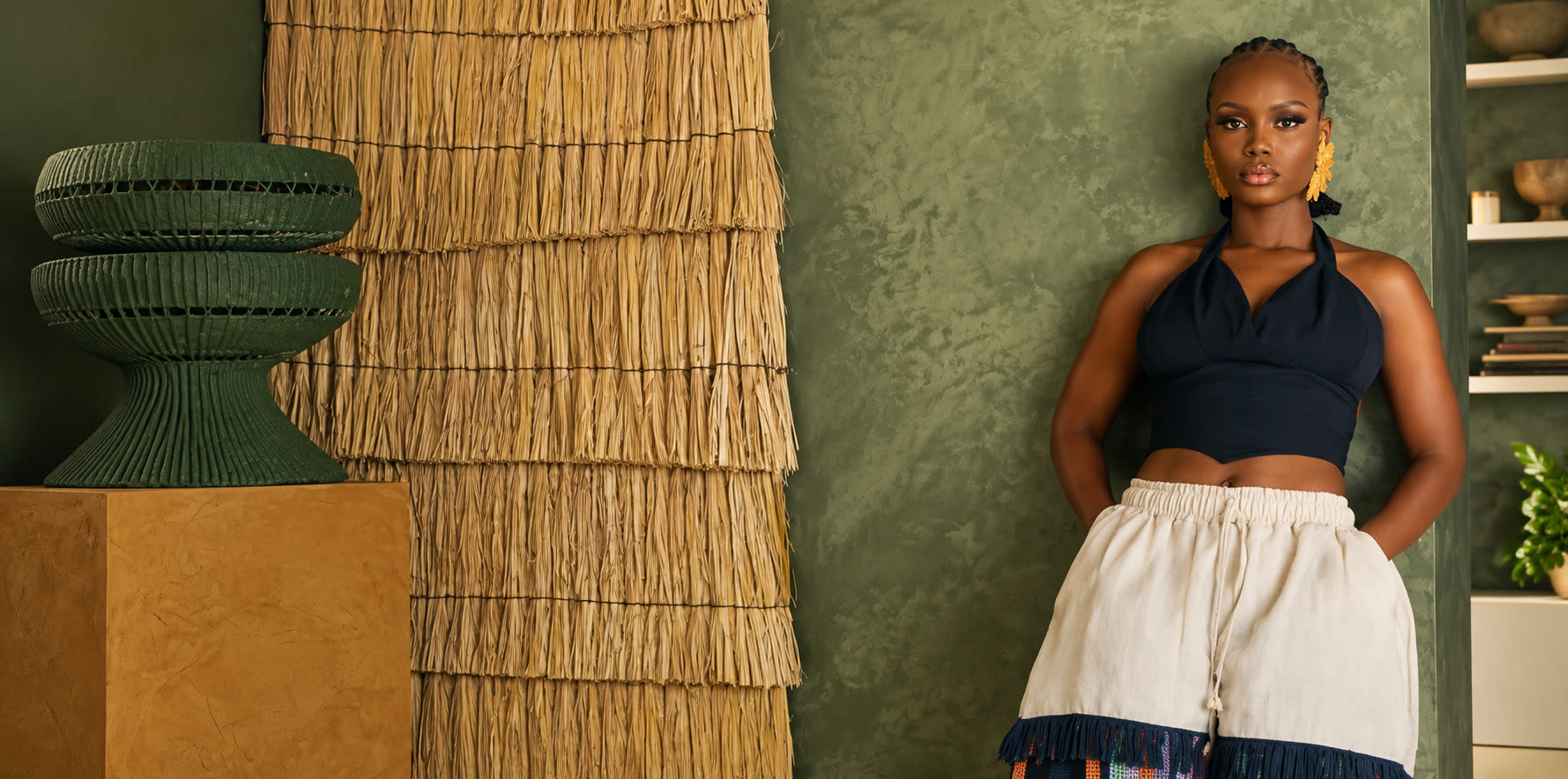 Model in Kenten fashion, store interior in Accra